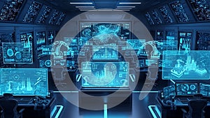 Futuristic Control Room with Advanced Technology and Data Visualization