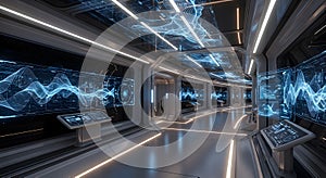Futuristic Control Room with Advanced Technology and Data Visualization