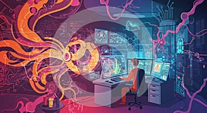 Futuristic control room with advanced technology displays and holograms. At the