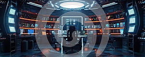 Futuristic Control Room with Advanced Technology and Neon Lighting in a SciFi Setting