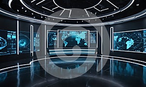 futuristic control room with circular ceiling, large screens displaying maps, and curved floor, all photo