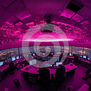 Futuristic Control Room with Cityscape View and Pink Lighting