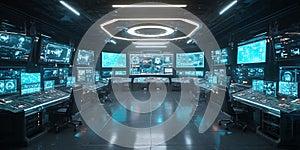 Futuristic Control Room Digital Command Center Interior