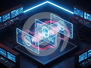 Futuristic Control Room with Digital Interface and Data Visualization