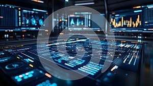 futuristic digital control room with holographic interface displaying data analytics and technology visualization in blue light