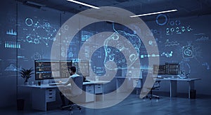 A futuristic control room features several desks with computer monitors displaying