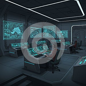 Futuristic control room featuring advanced technology and digital interfaces. Several