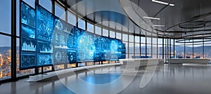 Futuristic Control Room Featuring Advanced Technology and Virtual Reality Data Visualization Tools