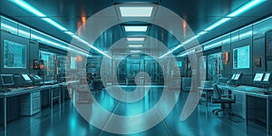 Futuristic control room featuring an array of computer workstations with multiple