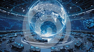 Futuristic Control Room Featuring a Glowing Earth Display with Advanced Technology and Data Visualization Interfaces