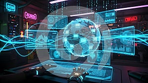 Futuristic Control Room with Global Network Visualization