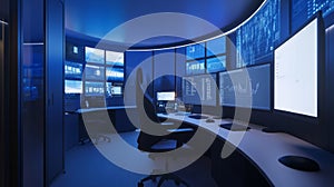 Futuristic control room featuring multiple monitors and advanced technology in a sleek blue environment