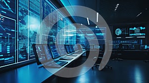 Futuristic control room featuring multiple screens displaying data and analytics, with sleek design and advanced technology, ideal