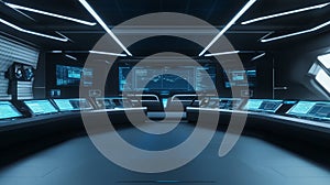 Futuristic control room featuring multiple screens displaying data and analytics, with sleek design and advanced technology, ideal