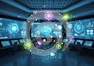 In a futuristic control room, a