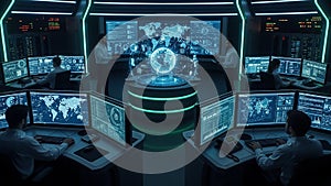 Futuristic Control Room with Global Data Displays and Technicians Working technology