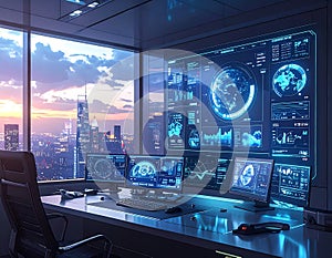 Futuristic Control Room Global Data Visualization.
