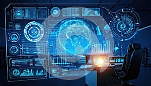 Futuristic Control Room with Global Data Visualization