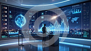 Futuristic Control Room with Global Data Visualization