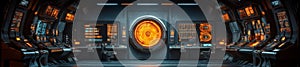 Futuristic control room with glowing orange screens and panels