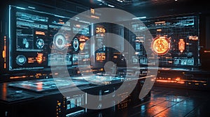 Futuristic control room with glowing screens displaying data and information