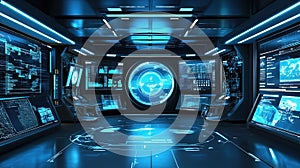 Futuristic control room with glowing screens and holographic displays featuring advanced technology and data
