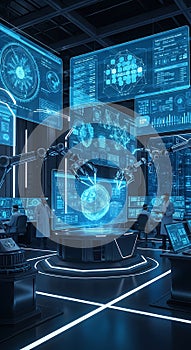 Futuristic Research Lab with Robotic Arms and Data Displays