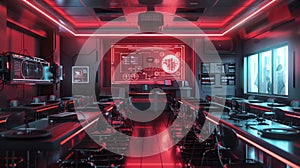 Futuristic Control Room with Illuminated Panels and Screens