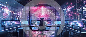 Futuristic control room interface with augmented reality data visualization