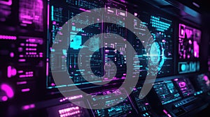 Futuristic control room interface displaying data and code
