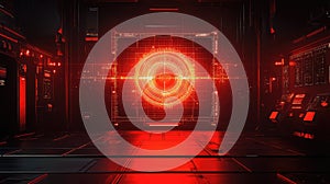 Futuristic control room managing target with red glowing ui