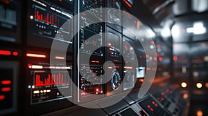 Futuristic control room monitoring showing charts and graphs on multiple screens