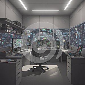 Futuristic control room with multiple computer monitors displaying complex data and
