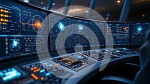 Futuristic control room with multiple high-tech displays and console