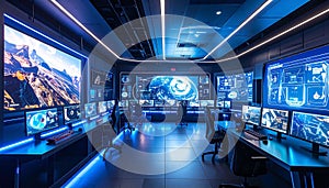 Futuristic control room with multiple monitors and glowing blue