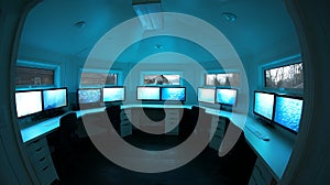 Futuristic control room with multiple monitors glowing blue