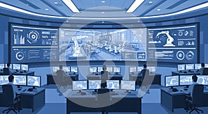 Futuristic Control Room with Multiple Operators Monitoring Data and Automation Systems