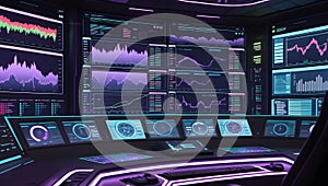 Futuristic Control Room with Multiple Screens and Data Visualizations