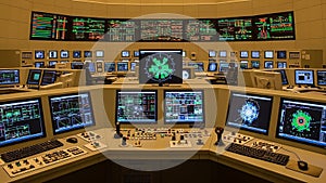Futuristic control room with multiple screens displaying complex data command center technology
