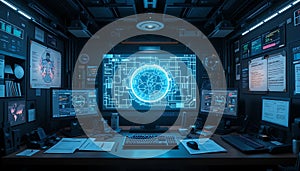 Futuristic Control Room with Multiple Screens Displaying Data and Information