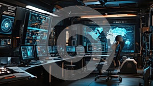 A futuristic control room with multiple screens displaying data and maps