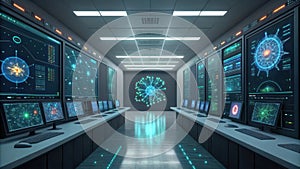 Futuristic control room with multiple screens displaying data and network graphics technology