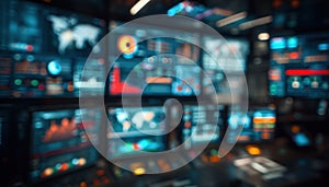 Futuristic Control Room With Multiple Screens Displaying Data Visualizations And Global Information