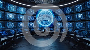 Futuristic control room with multiple screens displaying digital data and graphics, showcasing advanced technology and cyber