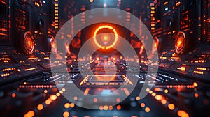 Futuristic Control Room Orange Lights, Sci-Fi Interface, Energy Core