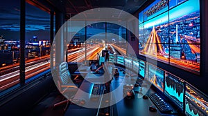 A futuristic control room with a panoramic view of a city at night, featuring a large video wall and multiple computer monitors photo