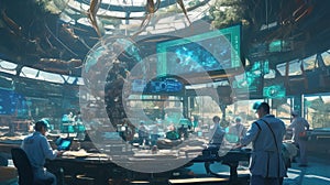 A futuristic control room with scientists working on computer terminals and a large globe in the center