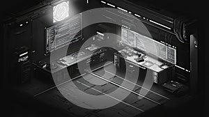 Futuristic control room showing advanced technology and data processing