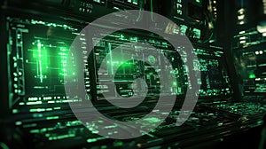 Futuristic control room showing data interface and green code