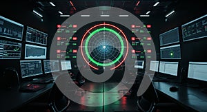Futuristic control room with target display and multiple monitors for data analysis